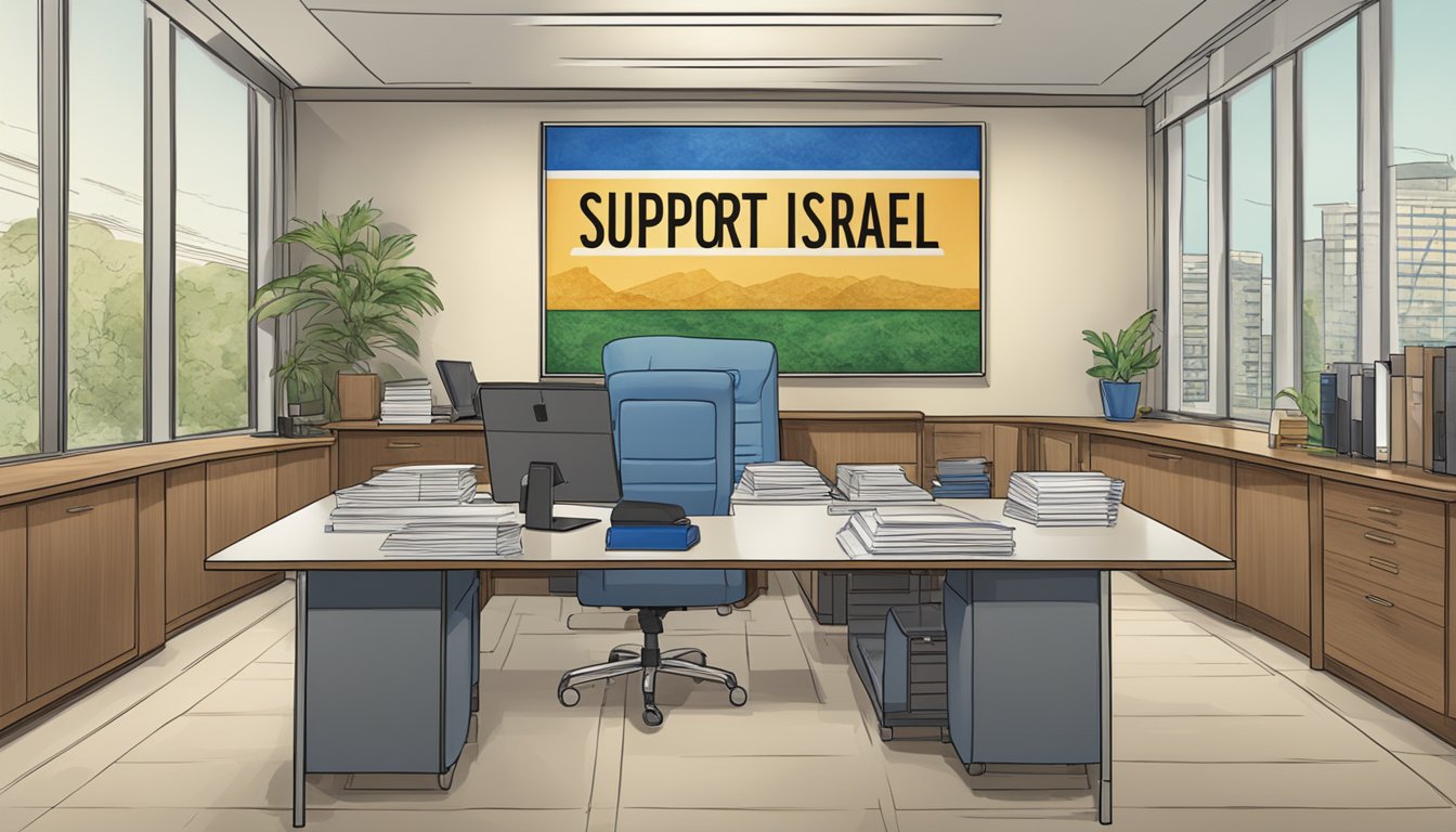 A sign reading "Support Israel" displayed prominently in Gregory's office