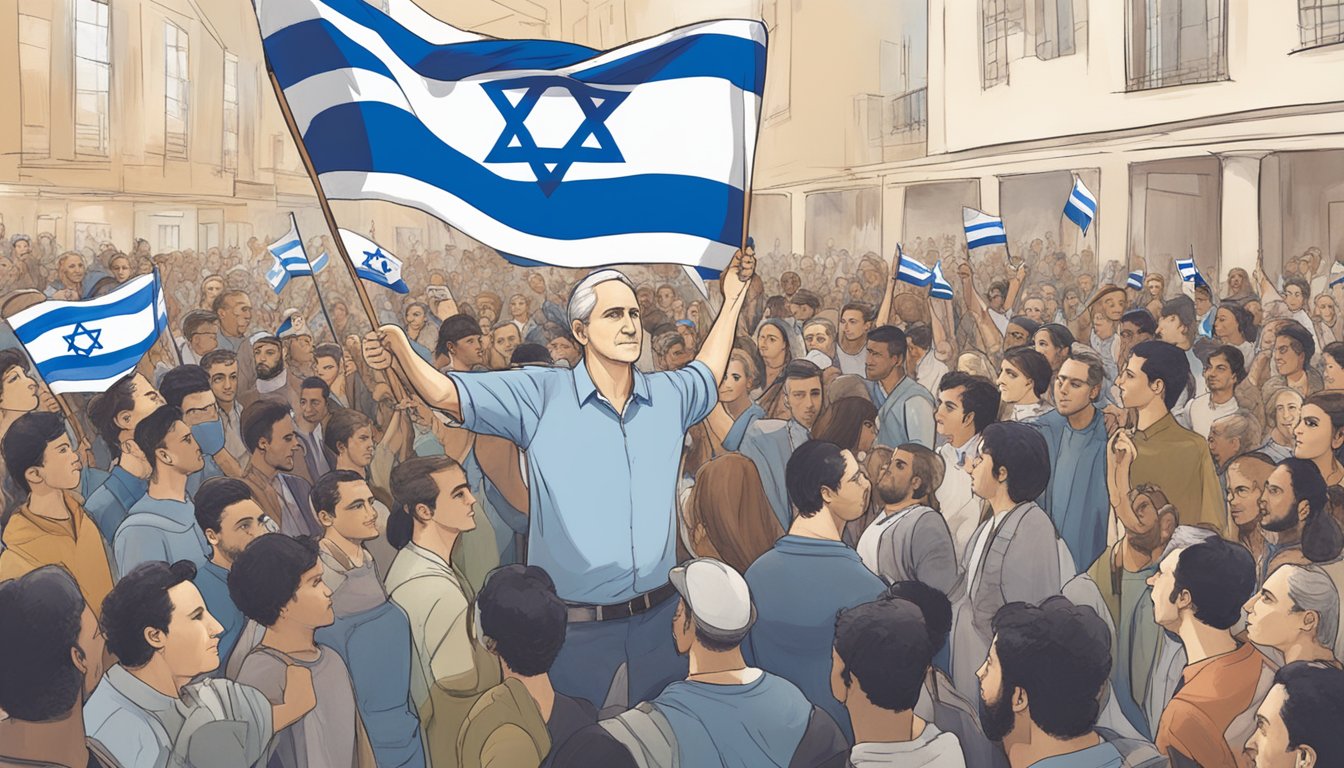 Gregory stands beside an Israeli flag, holding a pro-Israel sign amidst a crowd of supporters