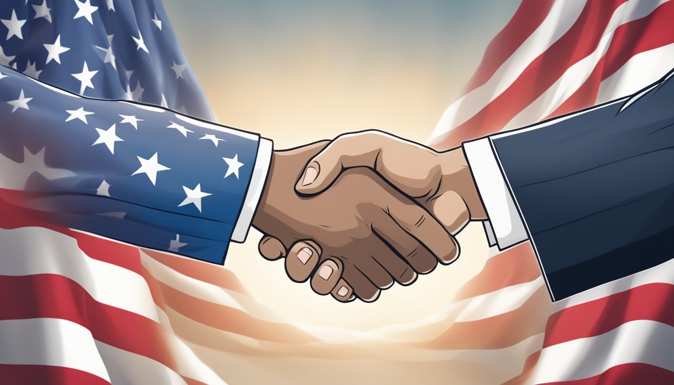 The US flag waves in the background as a handshake between two diplomats symbolizes the strong alliance between the US and Israel