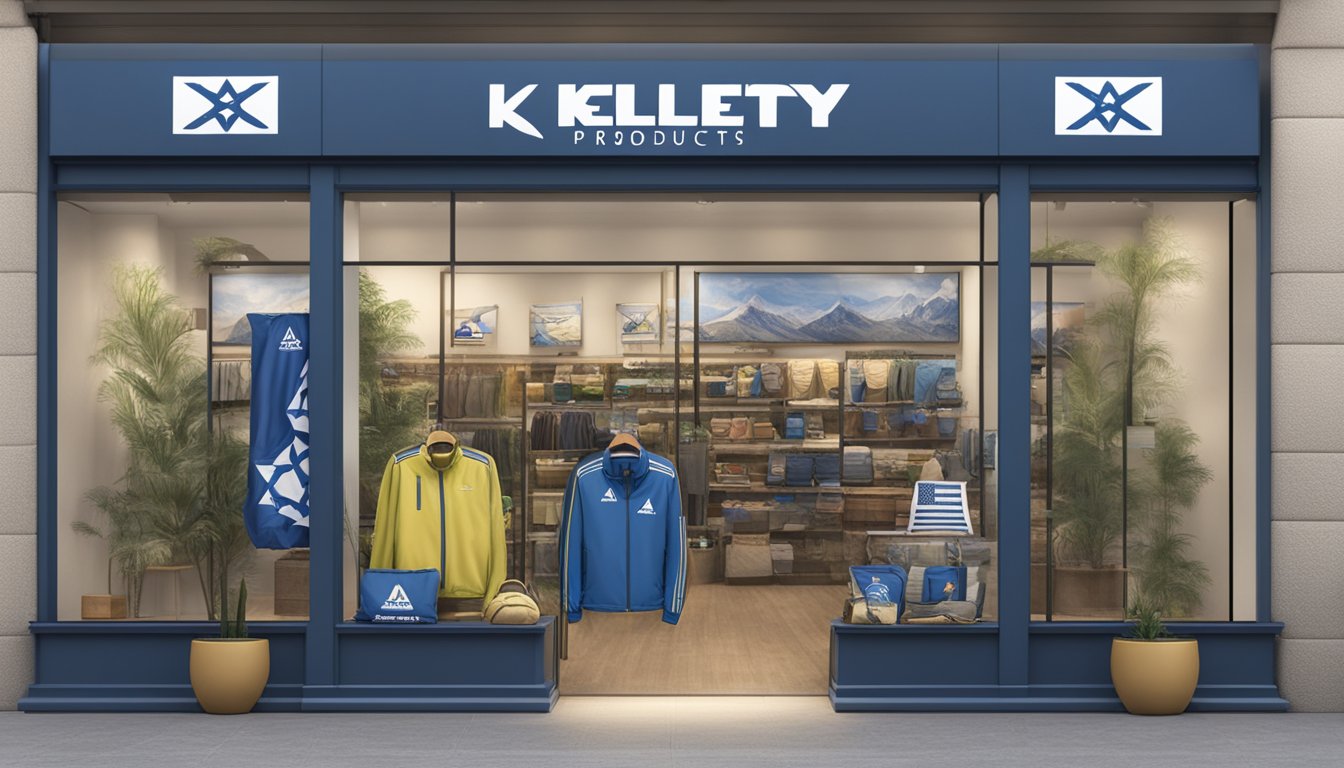 Kelty products displayed in a store window with an Israeli flag in the background