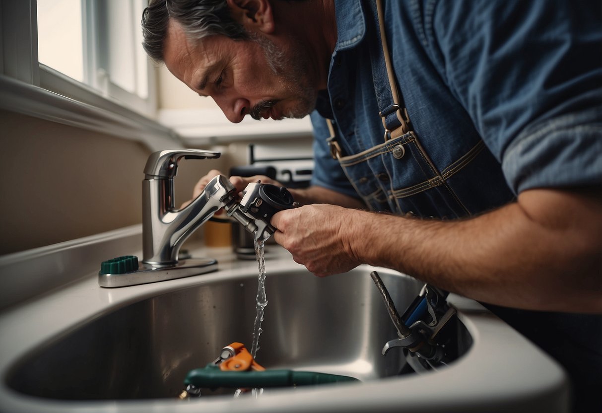 A plumber fixing a leaking pipe under a sink with tools and parts scattered around