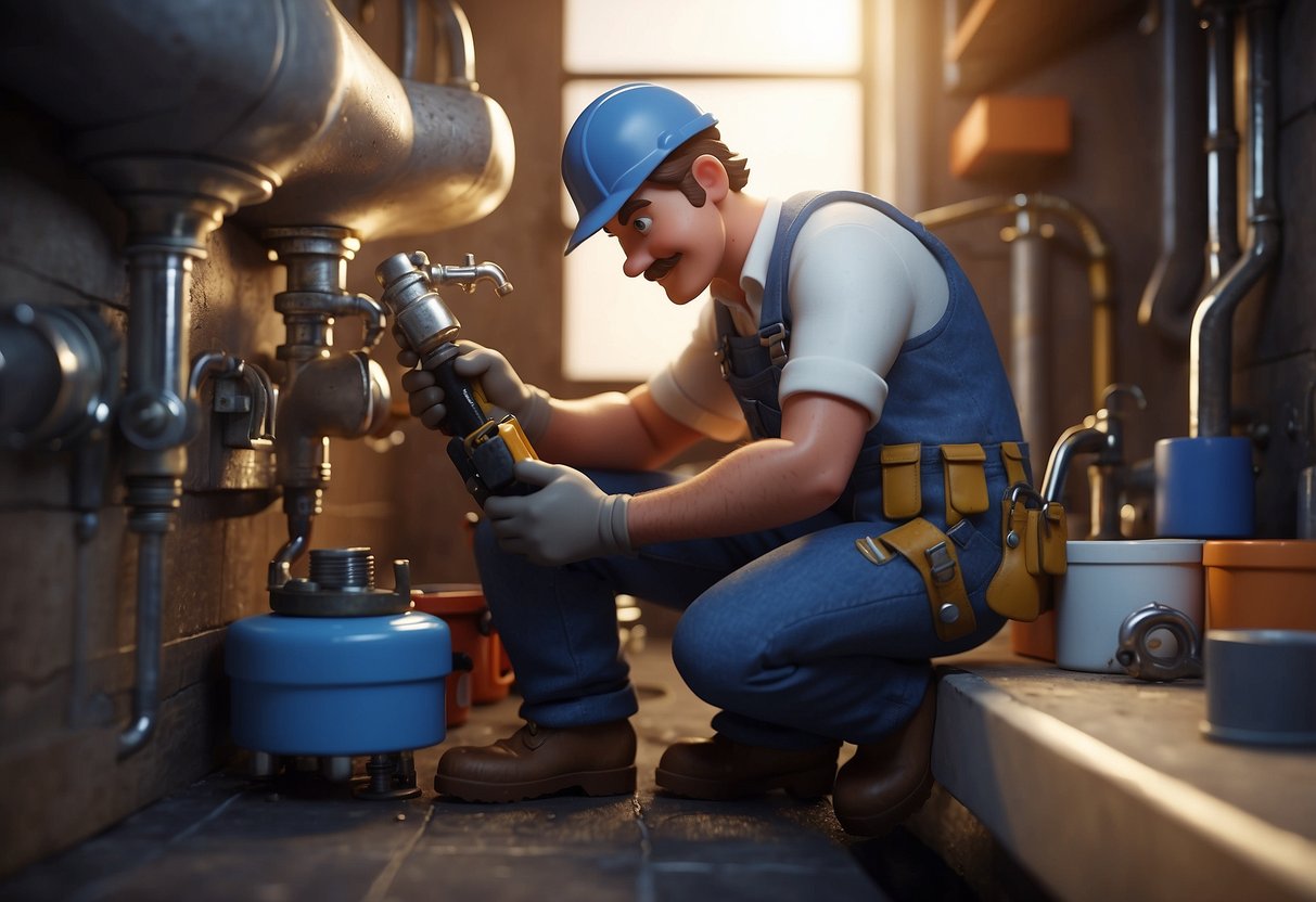 An illustration of a plumber fixing a leaky pipe with tools and equipment, surrounded by pipes and plumbing fixtures