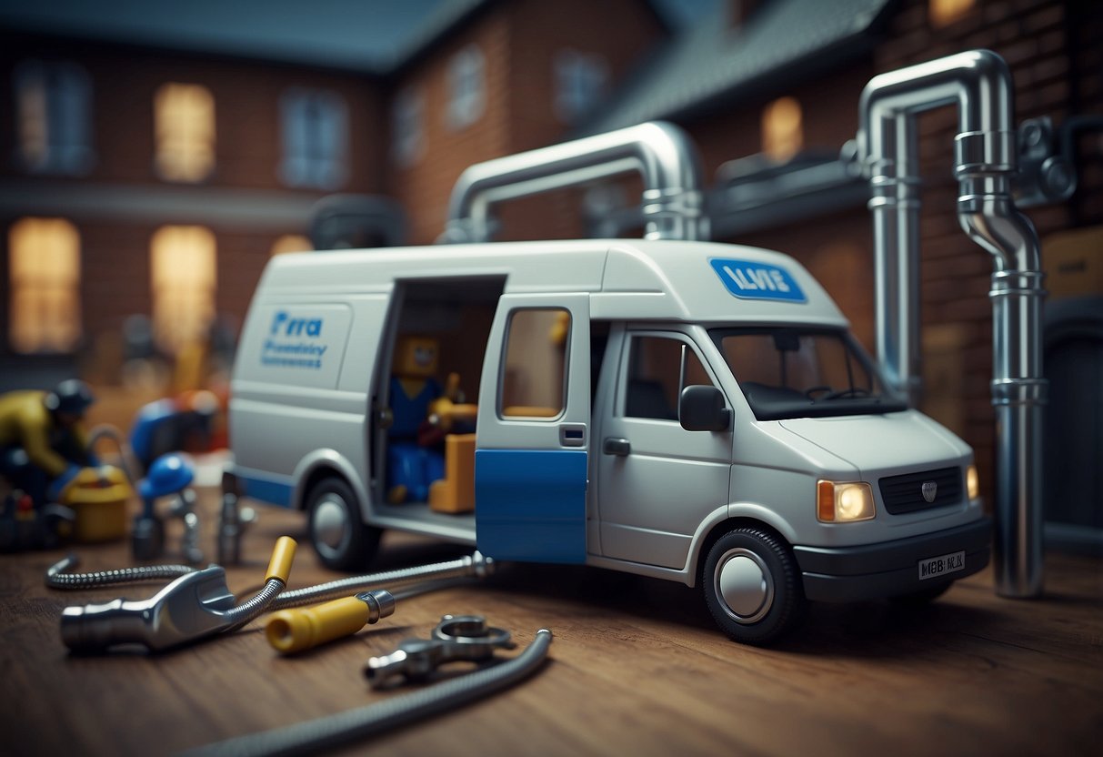 An illustration of plumbing services, including pipes, tools, and a plumber's van. No human subjects or body parts