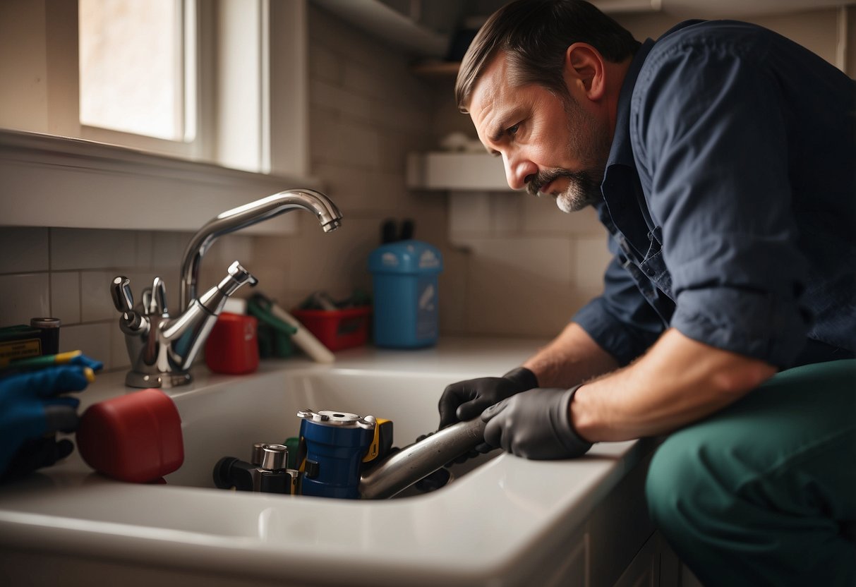 A residential plumber fixing a leaky pipe under a sink with tools scattered around