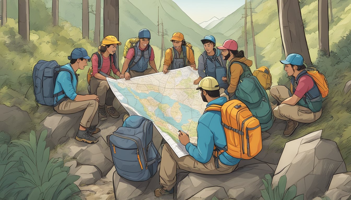 A group of people in outdoor gear gather around a map, discussing locations and routes. The scene is filled with excitement and anticipation for their upcoming adventure