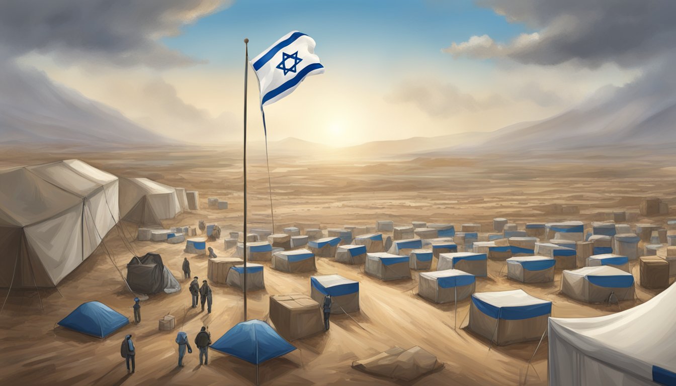 Outdoor Research supports Israel in international aid. Israeli flag flies over a humanitarian aid distribution site