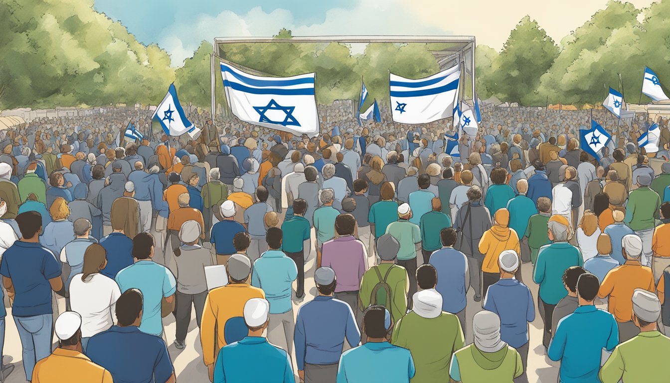 Outdoor Research supports Israel. A crowd gathers at a peaceful outdoor event, holding signs and banners in support. The scene is filled with positive energy and unity