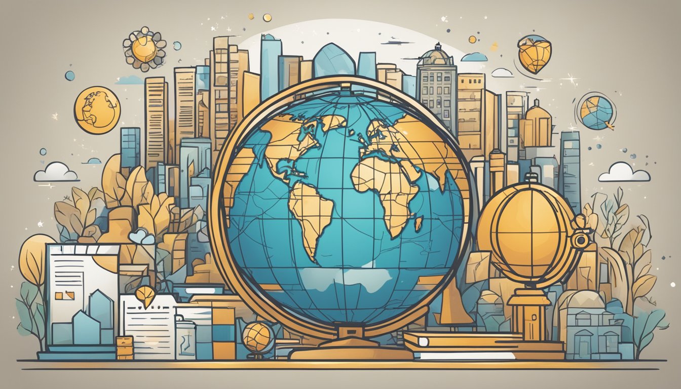 Prana's Business Ethics and Responsibility: A scene of a globe with a spotlight on Israel, surrounded by diverse business icons and symbols of social responsibility