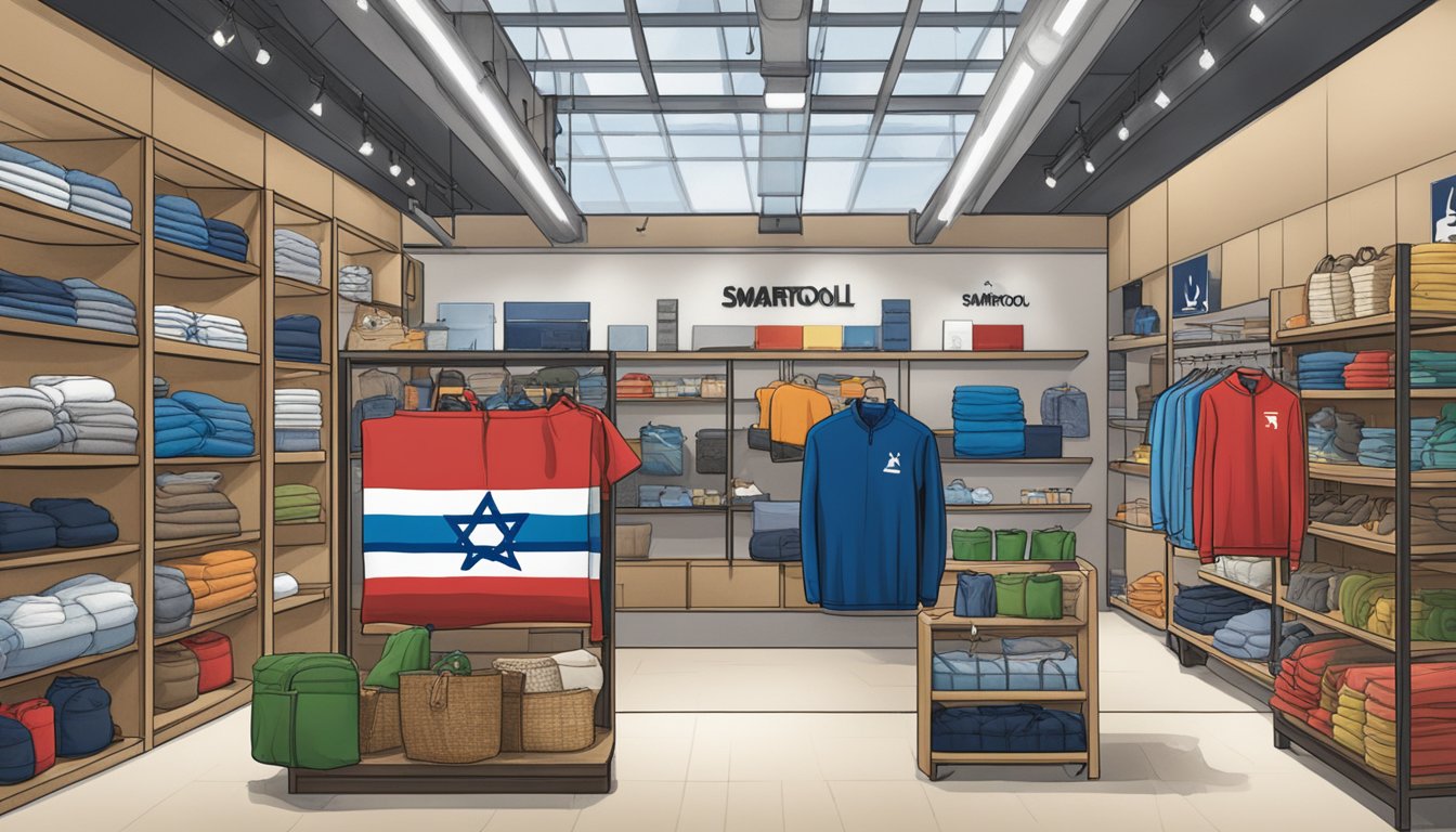 Smartwool's logo displayed alongside Israeli flag and products in store