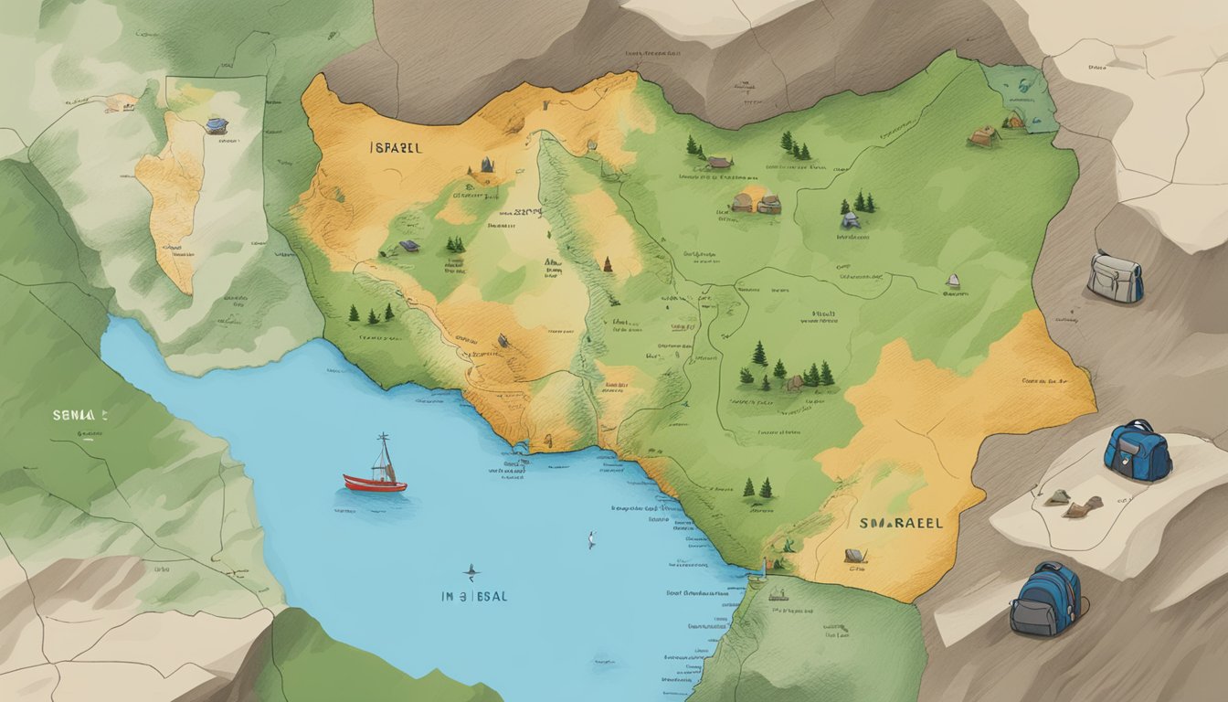 A map of Israel with a Smartwool logo displayed prominently, surrounded by outdoor and hiking gear