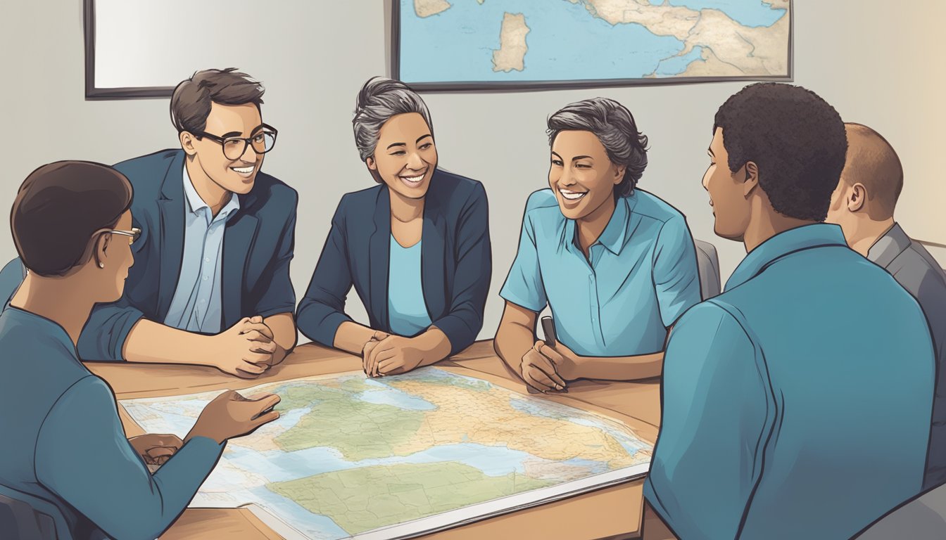 A group of people engaged in a friendly discussion with an Icebreaker logo in the background, with a map of Israel displayed prominently