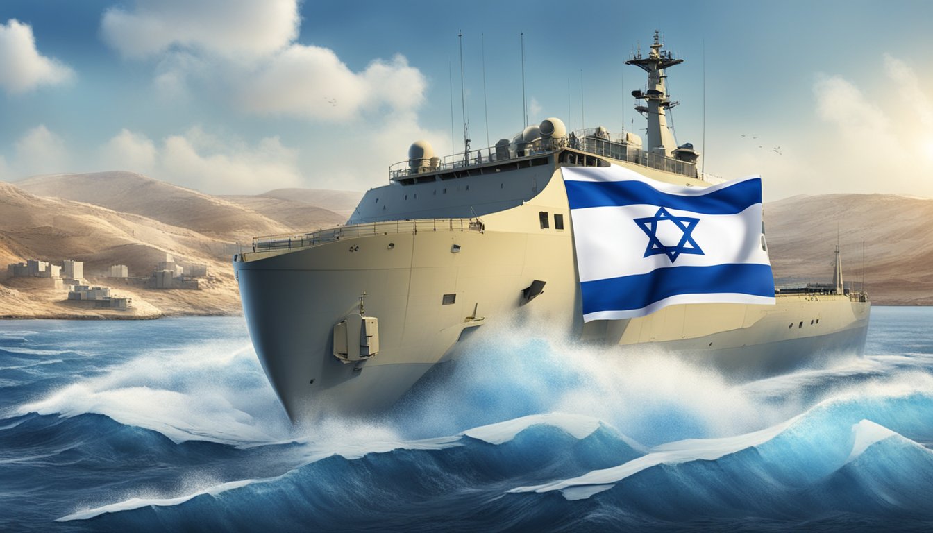 An Israeli flag waving in the wind, with a backdrop of defense tools and equipment, including the Icebreaker technology