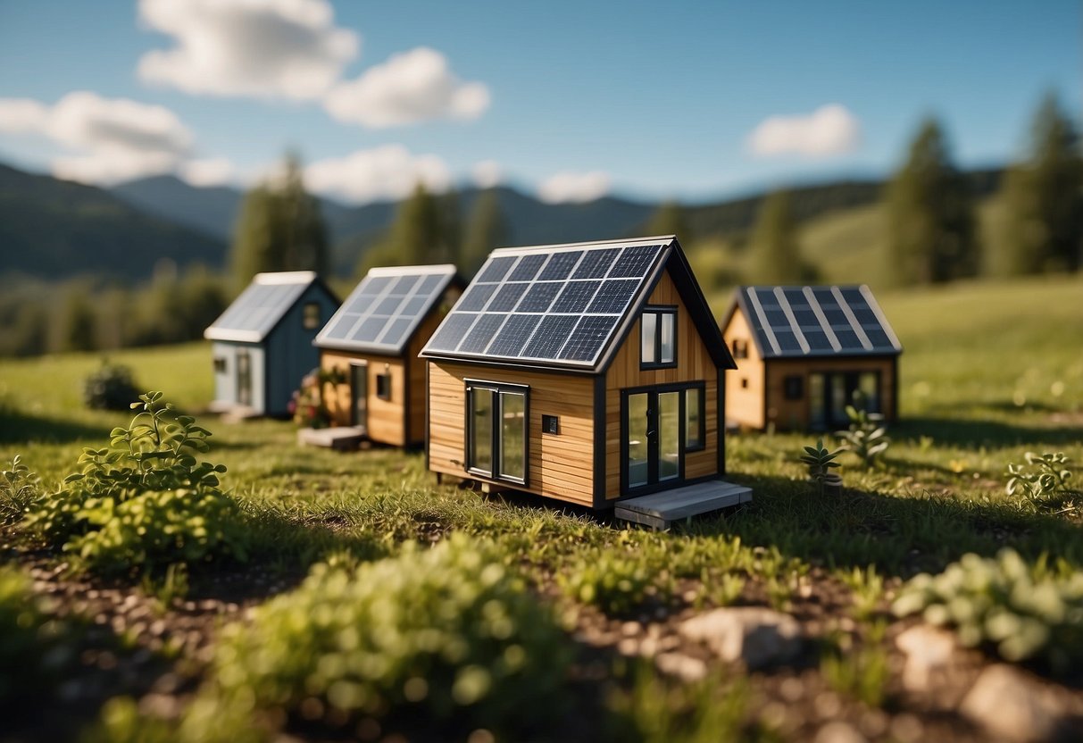 Several tiny houses sit on a grassy field, each with its own solar panels and water tanks, surrounded by lush greenery