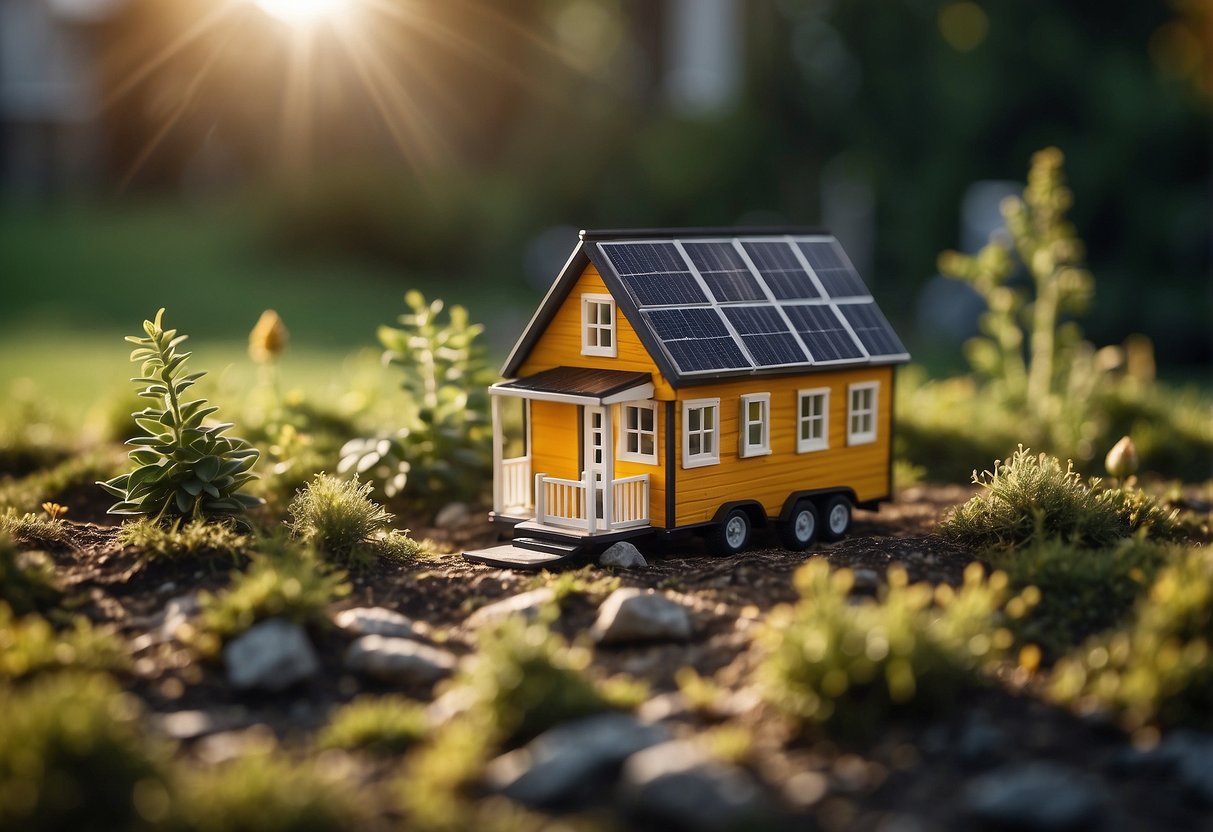 A tiny house sits on a grassy lot, with solar panels on the roof and a small garden outside