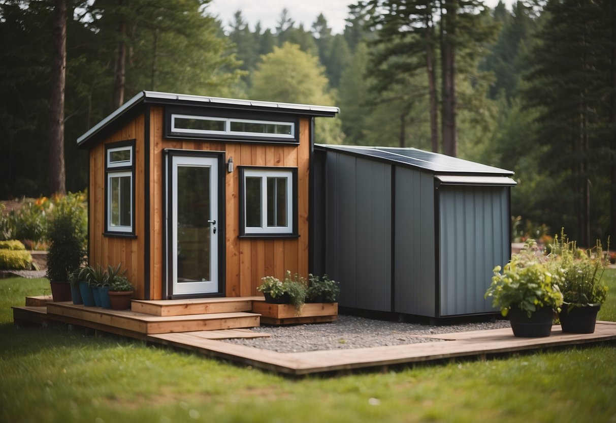 A tiny home with solar panels, rainwater collection, garden, and composting toilet