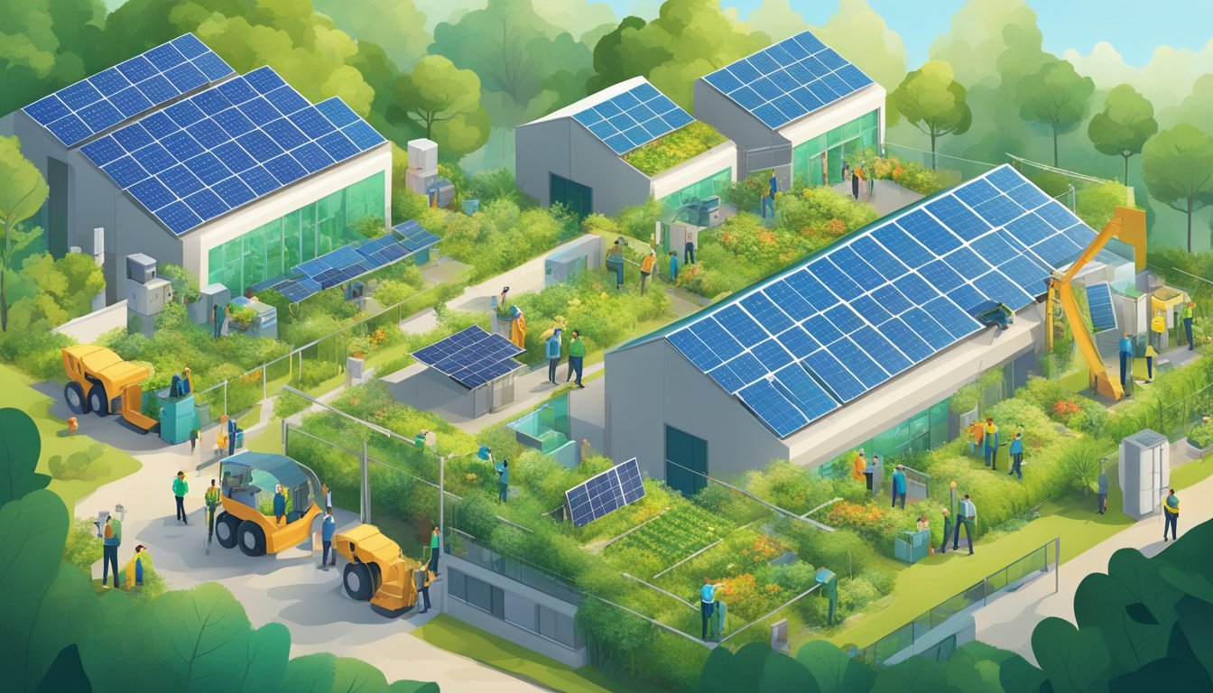 A vibrant, eco-friendly factory with solar panels and recycling bins, surrounded by lush greenery and workers wearing fair trade clothing