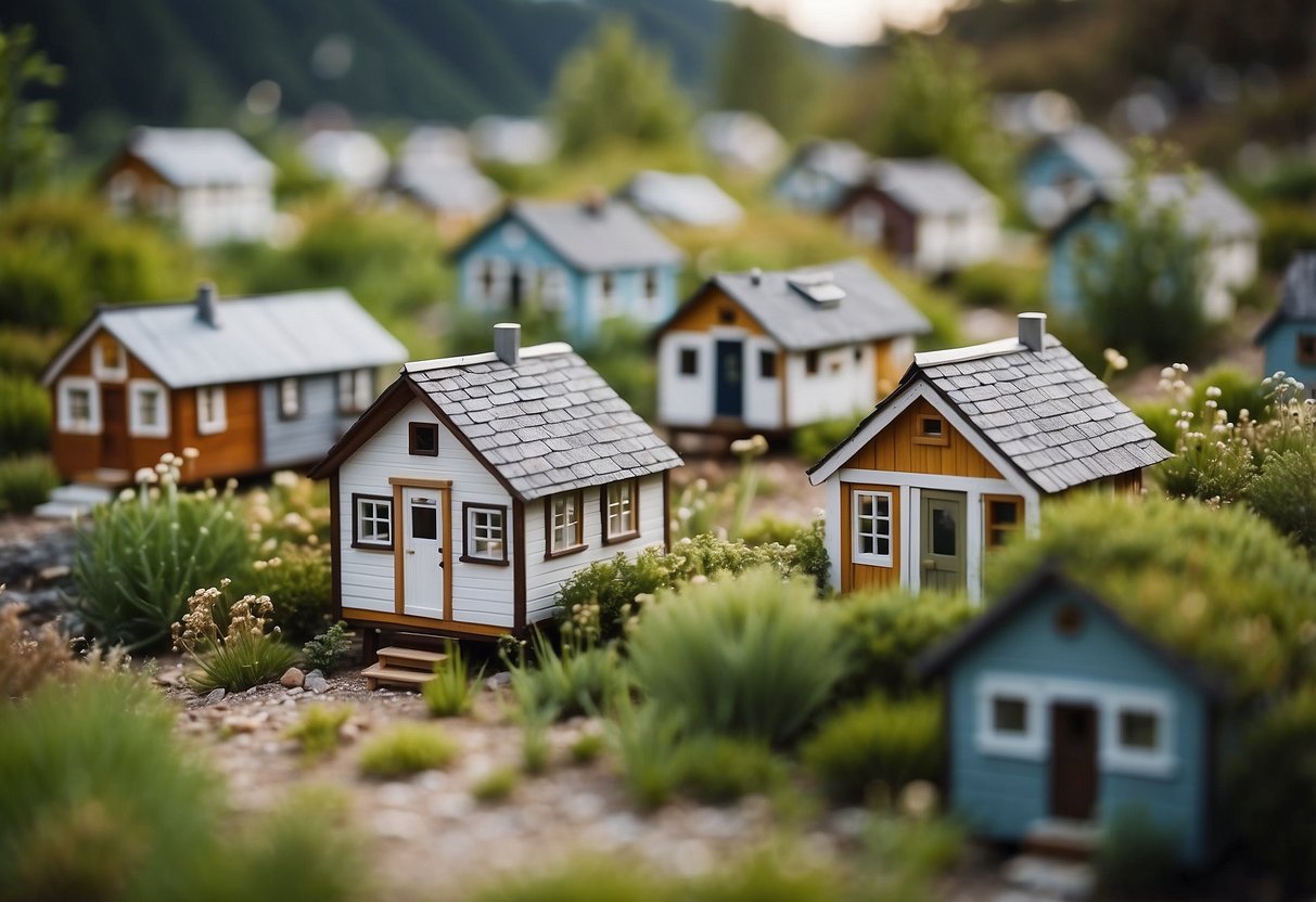 A cluster of tiny houses, each self-contained, nestled in a serene setting, surrounded by nature and offering a sense of simplicity and self-sufficiency