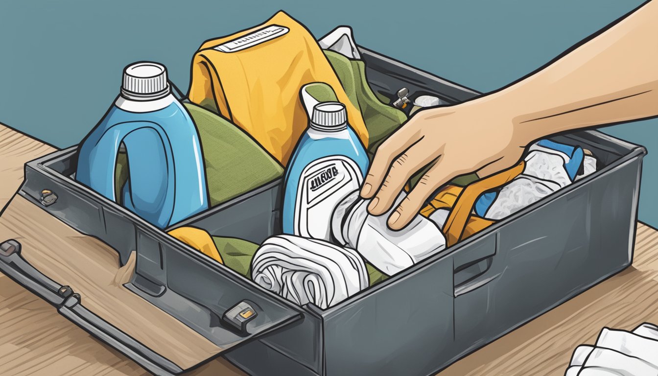 A hand reaching out to a pair of Darn Tough socks, surrounded by a toolbox, laundry detergent, and a care instruction manual