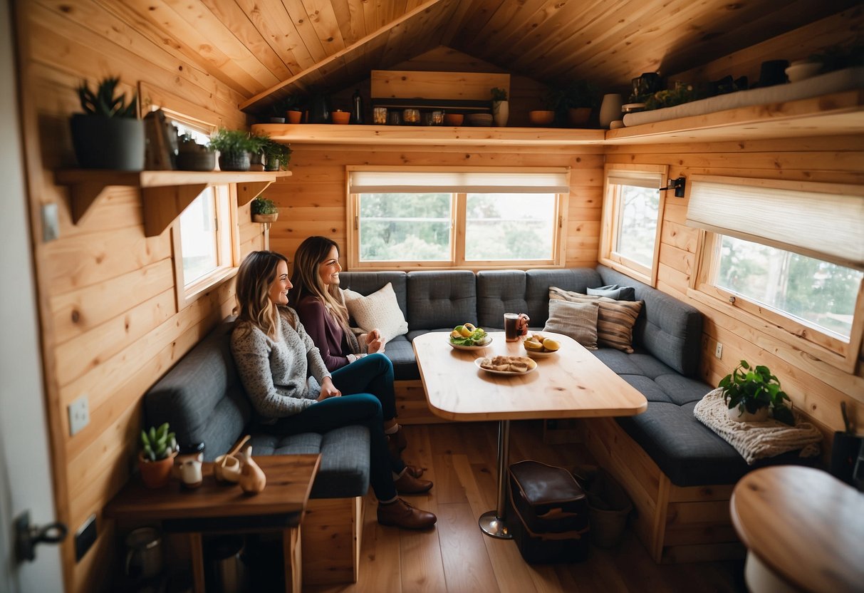 A cozy tiny house with a small kitchen, loft bedroom, and living area. A family of four sits around a fold-out table for a meal