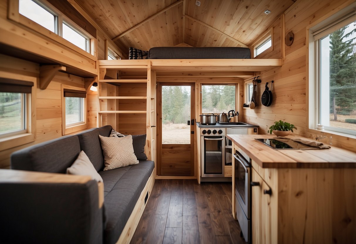 A cozy tiny house with a loft bedroom, compact kitchen, and multipurpose living space. A fold-down dining table and clever storage solutions maximize the small footprint