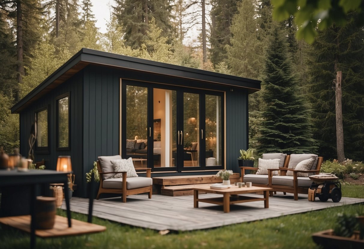 A tiny house surrounded by nature, with a cozy interior and space-saving furniture, a family enjoying time together