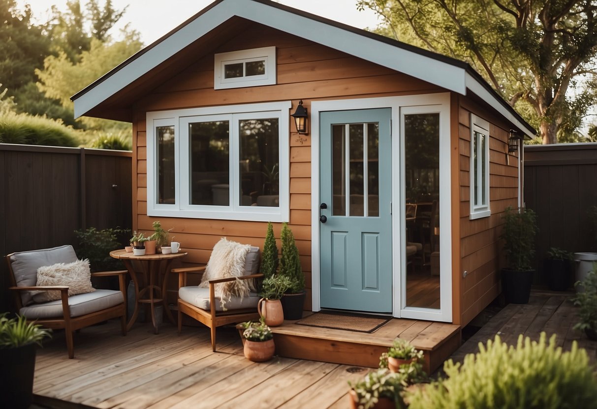 A cozy tiny house with four beds, a small kitchen, and a compact living area. Outdoor space includes a tiny garden and a small patio