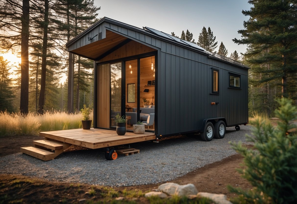 A tiny house with a loft bedroom, a compact kitchen, and a cozy living area, surrounded by nature and sustainable features like solar panels and rainwater collection