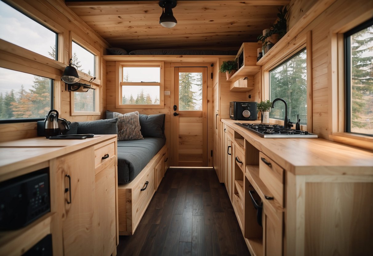 A cozy tiny house with a loft bedroom, bunk beds, a compact kitchen, and a small living area with a fold-out table