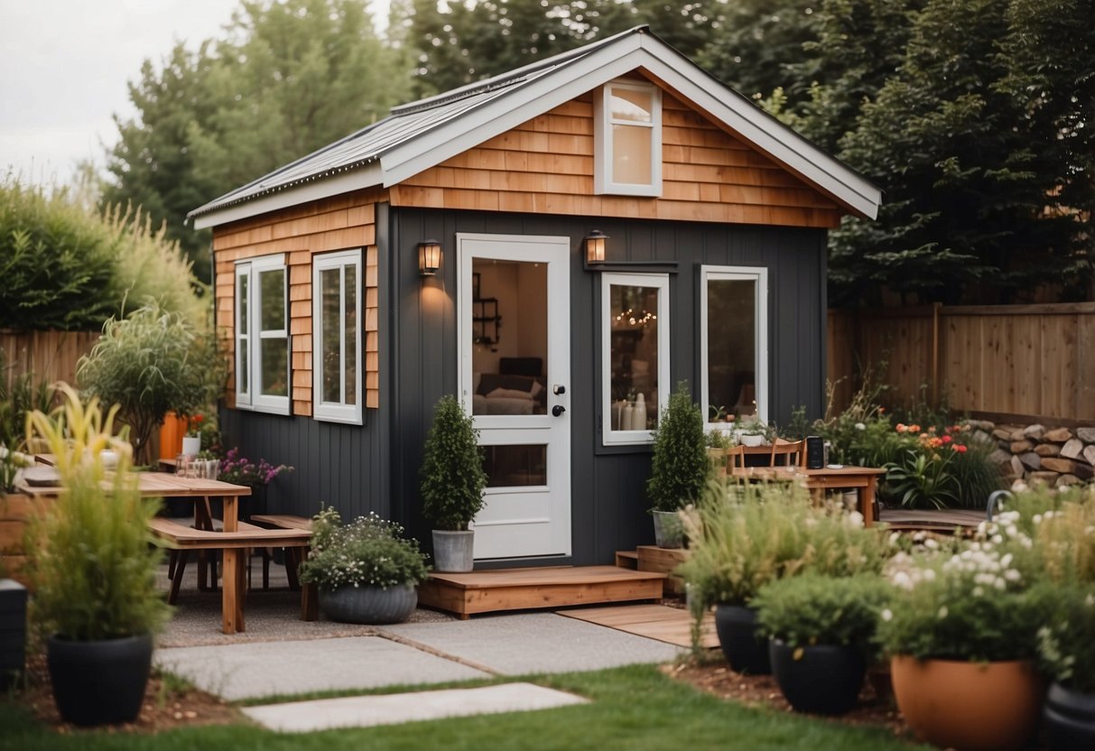 A tiny house with four beds, a compact kitchen, and a cozy living area. Outside, a small garden and seating area for family gatherings