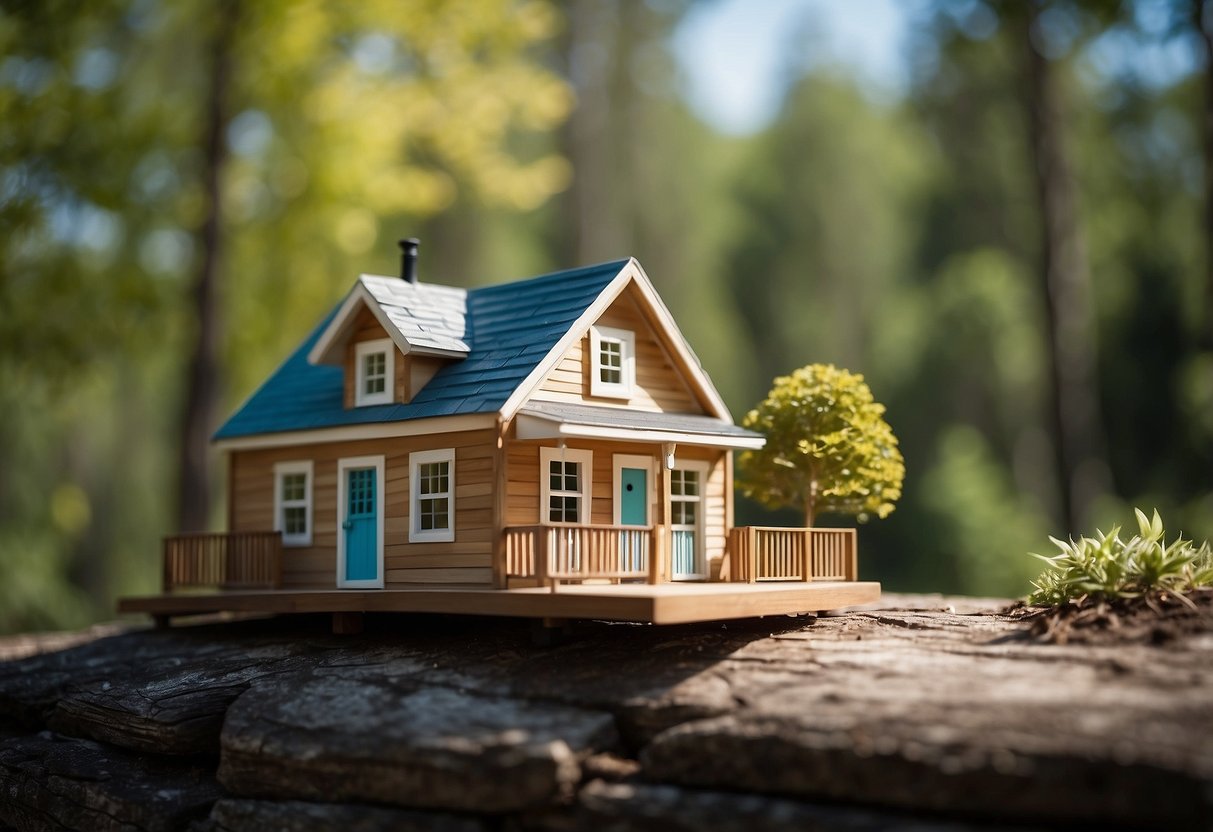 A tiny house sits on a sturdy foundation, surrounded by trees and a clear blue sky