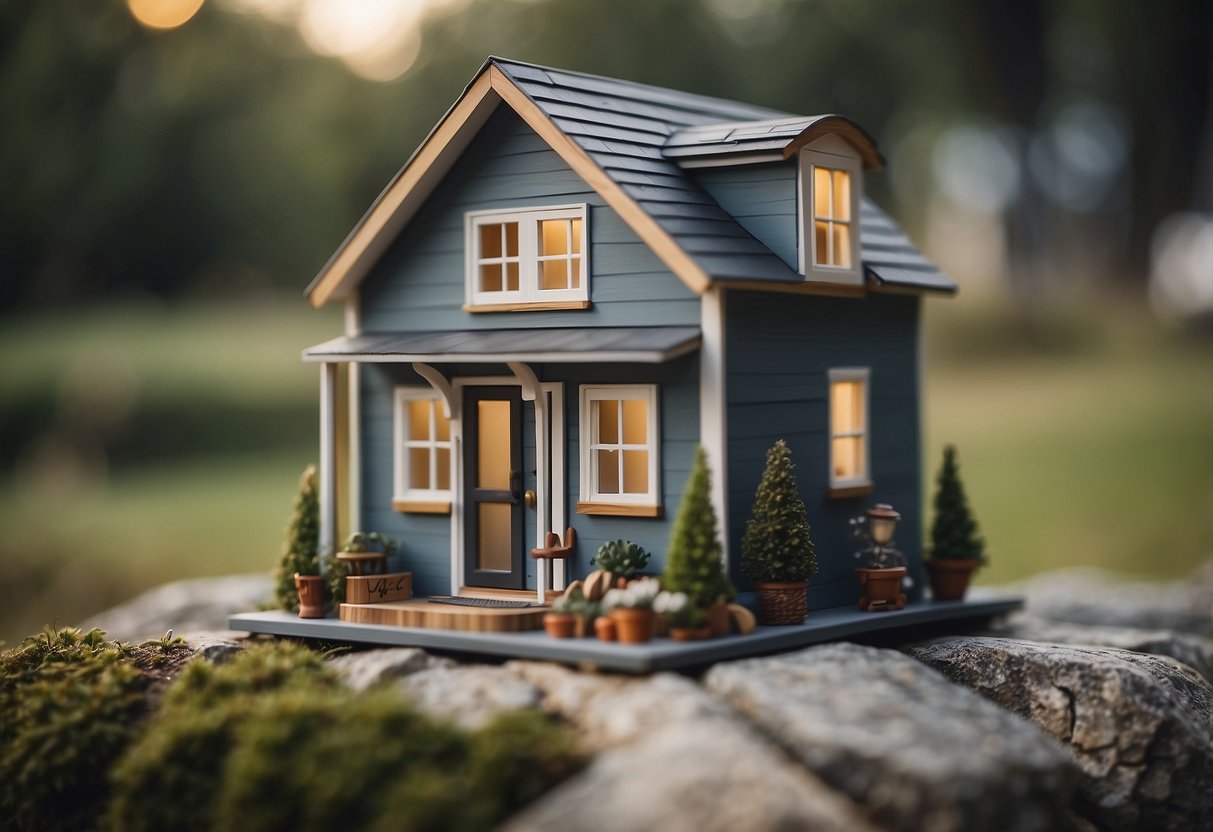 A tiny house sits on a sturdy foundation, surrounded by curious onlookers. The structure is compact yet inviting, with a sense of permanence