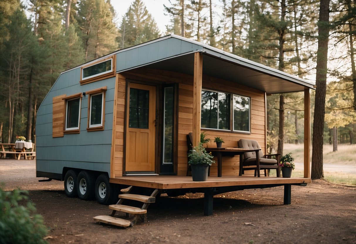 A tiny house on wheels parked at a campground, with outdoor furniture and a small awning, surrounded by trees and a peaceful natural setting