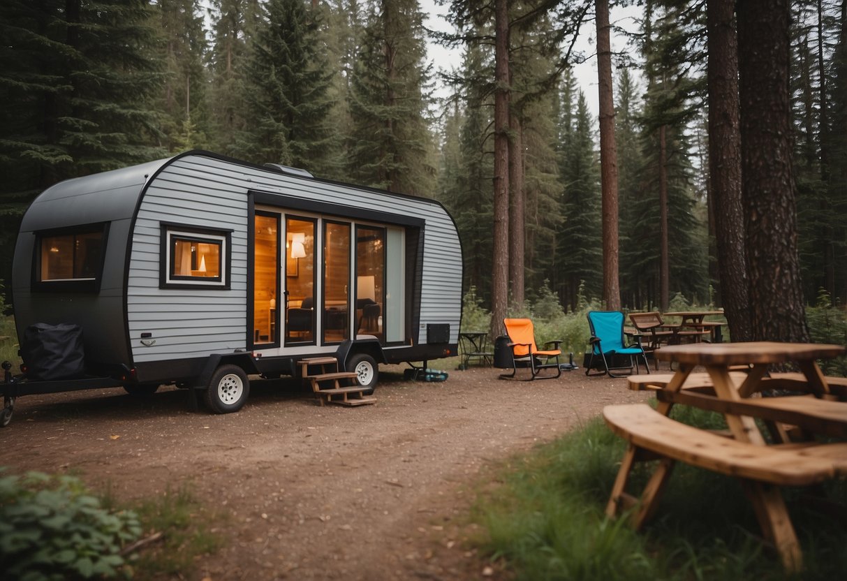 A tiny house on wheels parked at a scenic campsite with a cozy interior and outdoor recreational equipment nearby