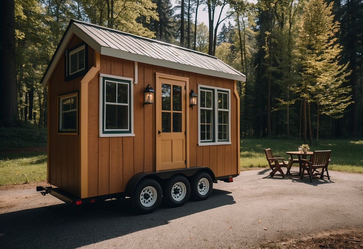 A tiny house on wheels parked in a scenic natural setting with a small outdoor patio and a compact car nearby