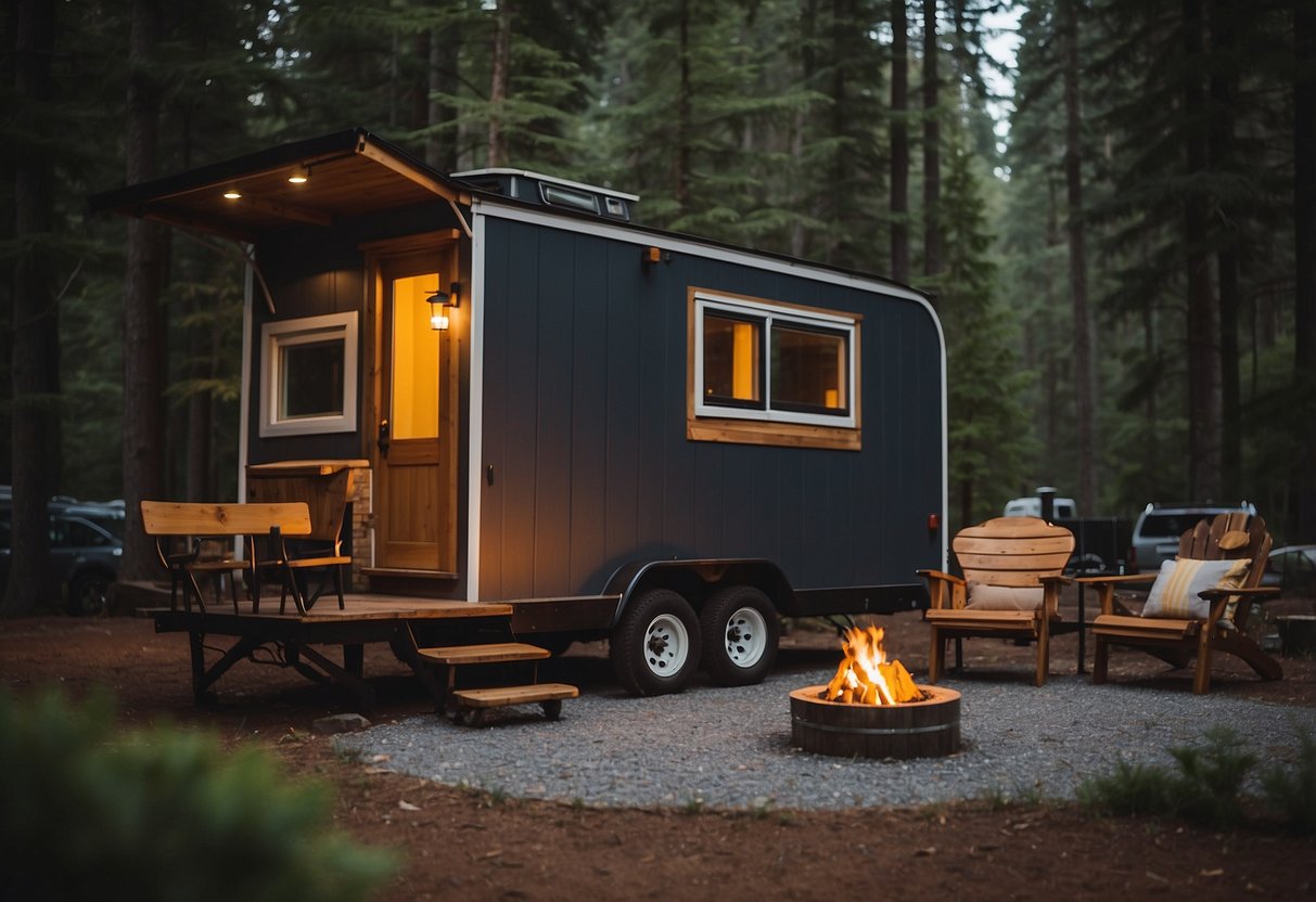 A tiny house on wheels parked at a scenic campground, with a small campfire and outdoor furniture nearby