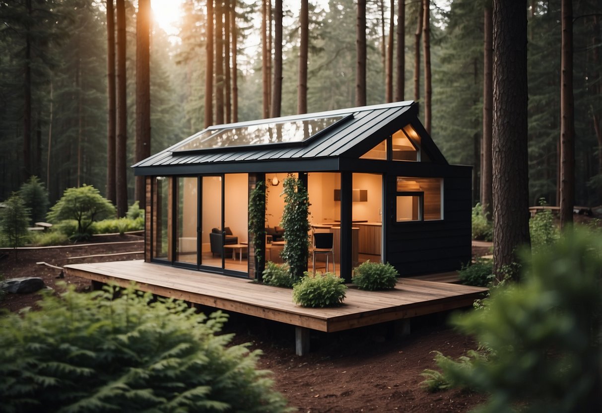 A small plot of land with a cozy, minimalist tiny house nestled among trees and surrounded by nature