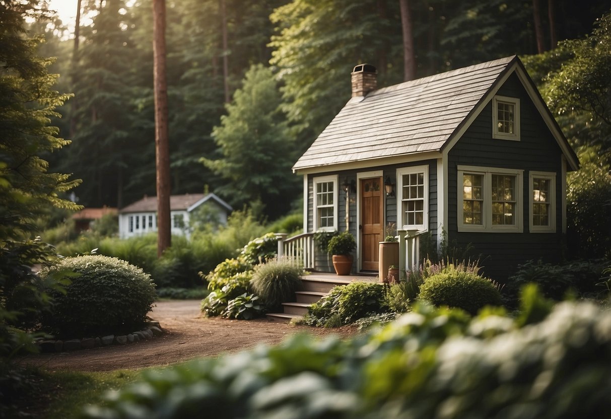 A small house nestled on a property, surrounded by greenery. A sign with "Frequently Asked Questions: Can I add a tiny house to my property" is displayed prominently
