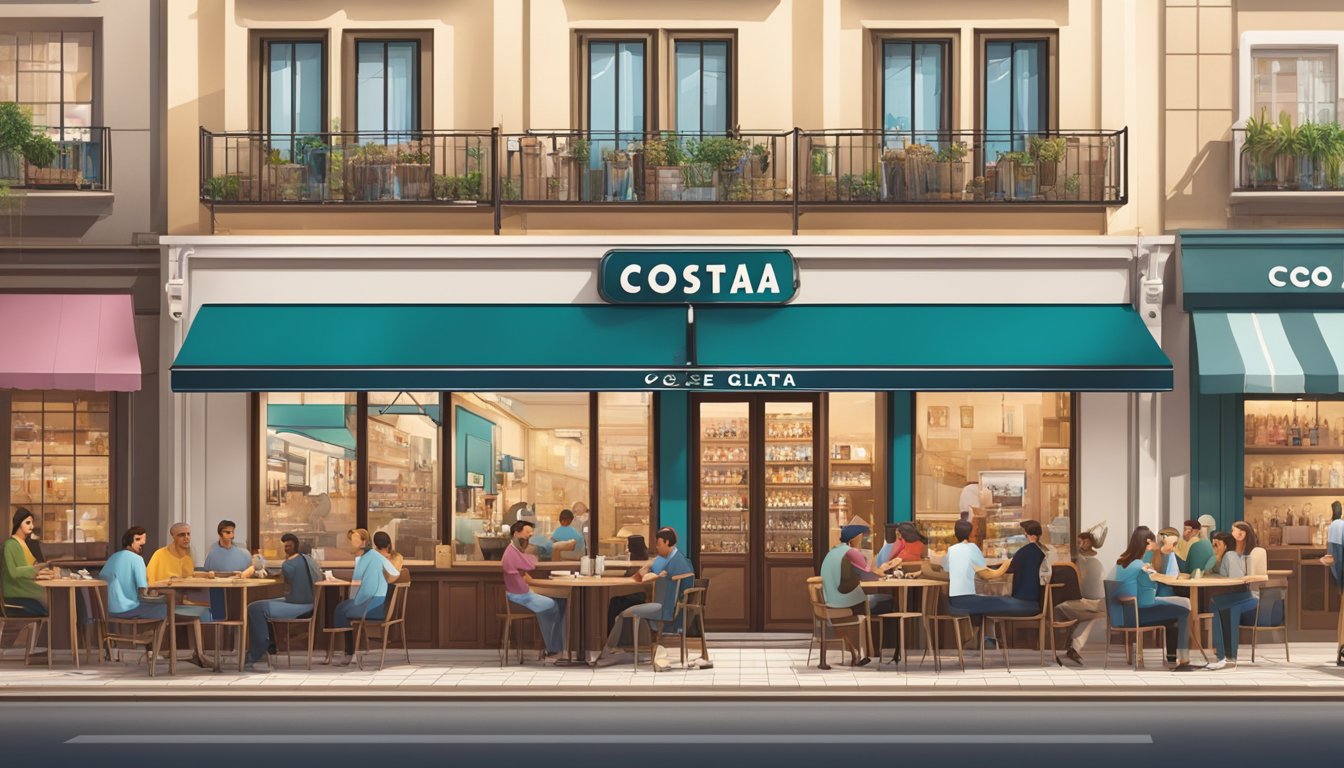 Costa Coffee's logo displayed on a storefront in a bustling Israeli city, with customers enjoying their drinks inside