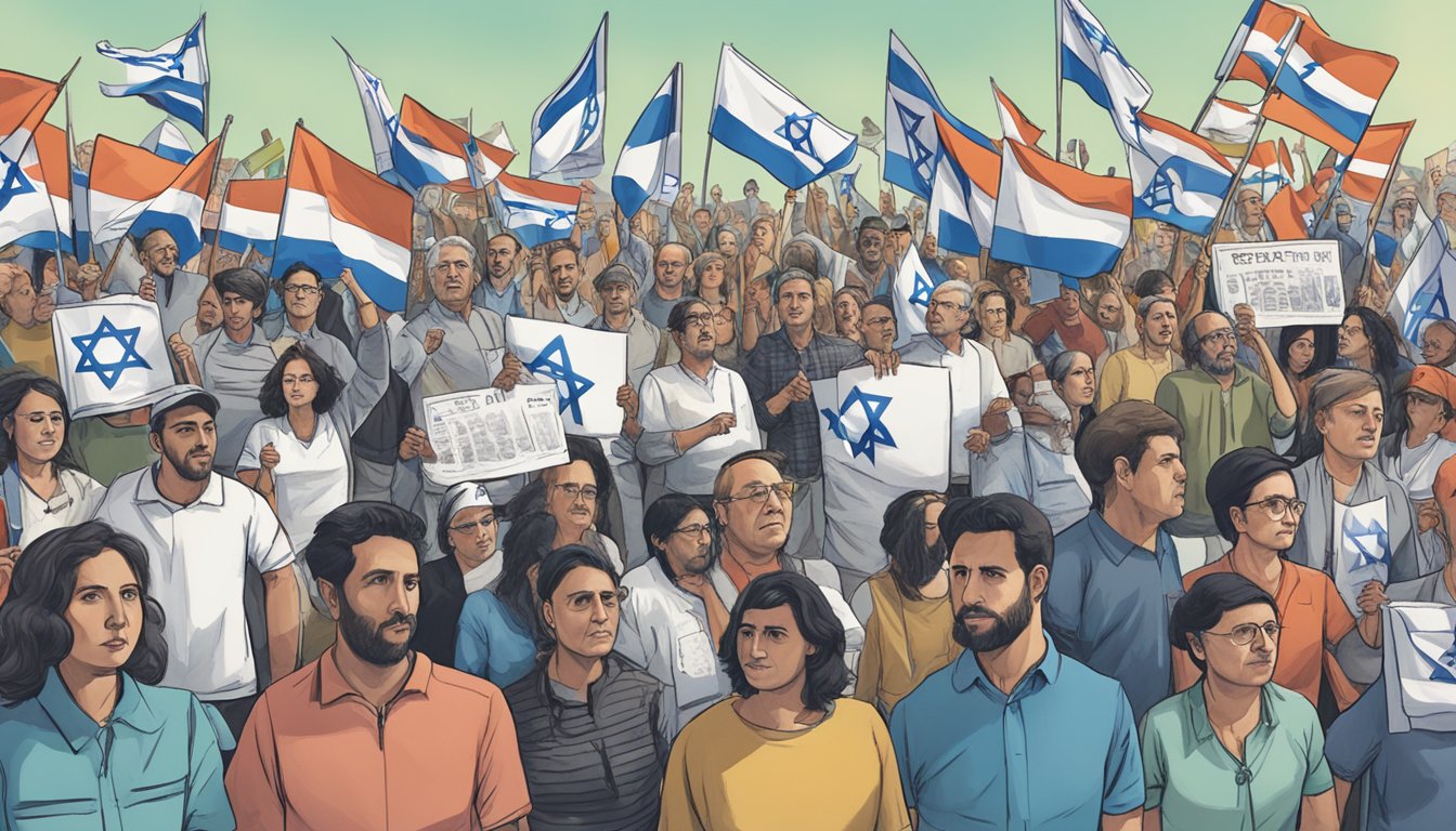 Costa's political stance on Israel is depicted through a crowd of people holding signs and flags, with mixed emotions evident in their expressions