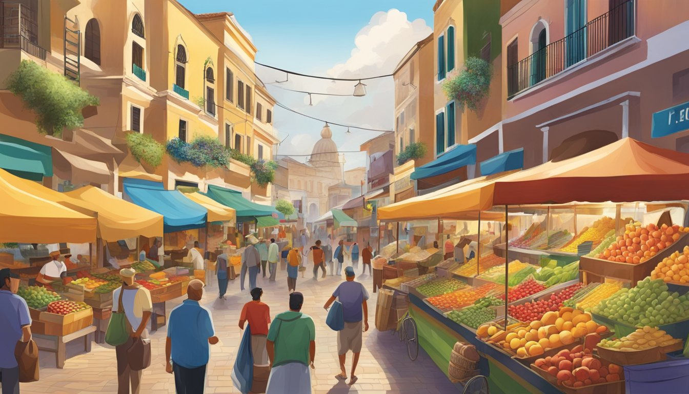 The bustling marketplace in Costa showcases diverse economic activities, from colorful fruit stands to busy workshops and bustling trade routes