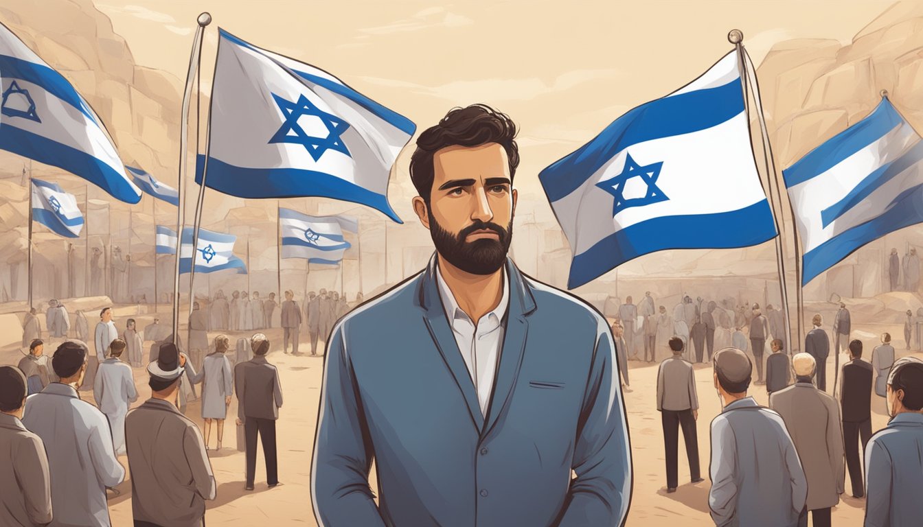 Costa stands between two flags, one of Israel and one of another country, with a thoughtful expression. A group of people debates in the background