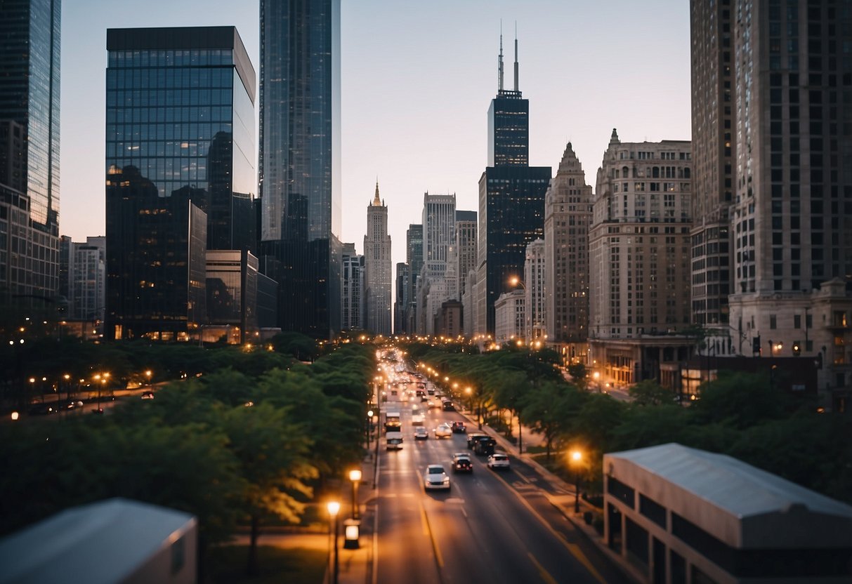 A small house stands in Chicago, surrounded by city buildings and bustling streets