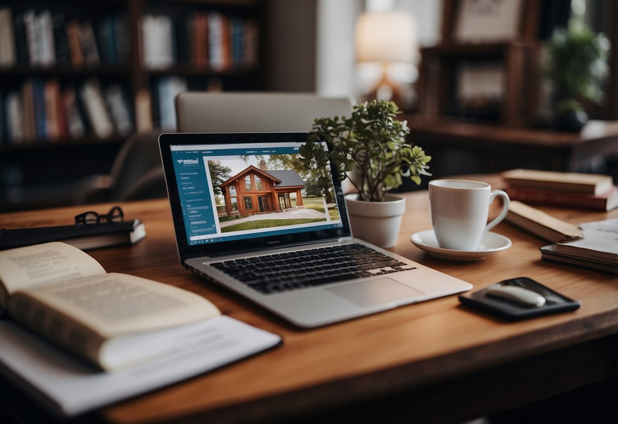 A person researching zoning laws in Chicago, surrounded by books, blueprints, and a laptop, with a tiny house model on the desk