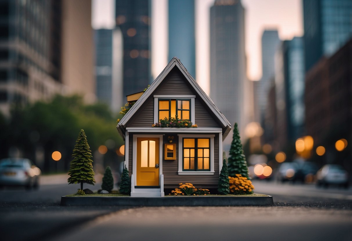 A tiny house nestled in a bustling Chicago neighborhood, surrounded by skyscrapers and city life, with a focus on practical design and functionality