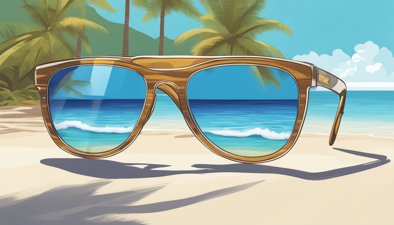 A tropical beach with palm trees, clear blue waters, and a pair of Maui Jim sunglasses with the Israeli flag reflected in the lenses