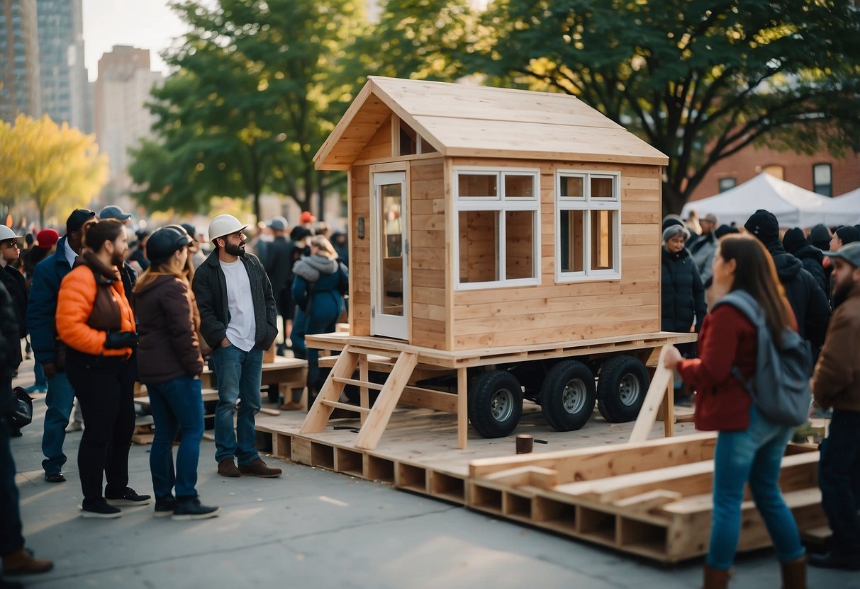 A tiny house being constructed in a Chicago neighborhood, surrounded by curious onlookers and city buildings in the background