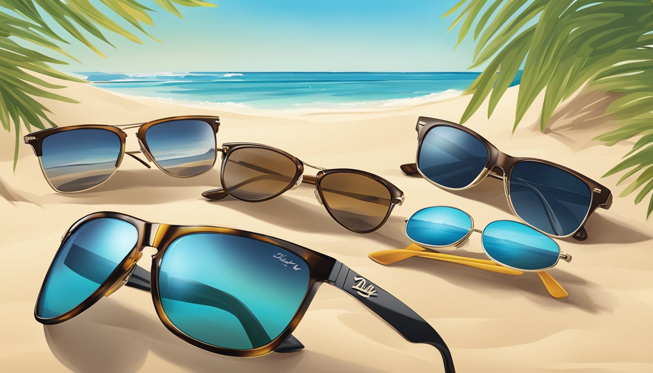 A sunny beach in Israel with a display of Maui Jim sunglasses, showcasing the variety of styles and availability in the country