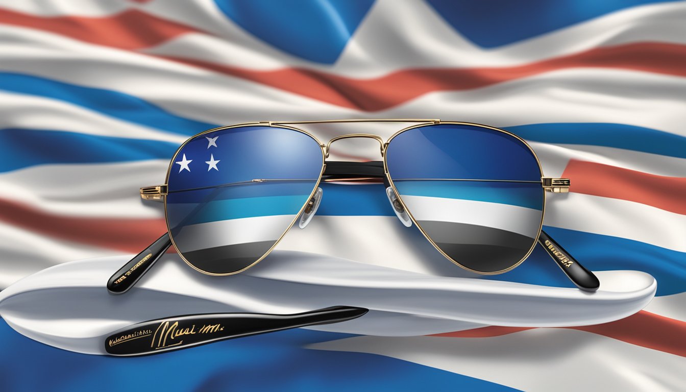 A Maui Jim sunglasses display featuring the slogan "Commitment to Product Excellence" with an Israeli flag in the background