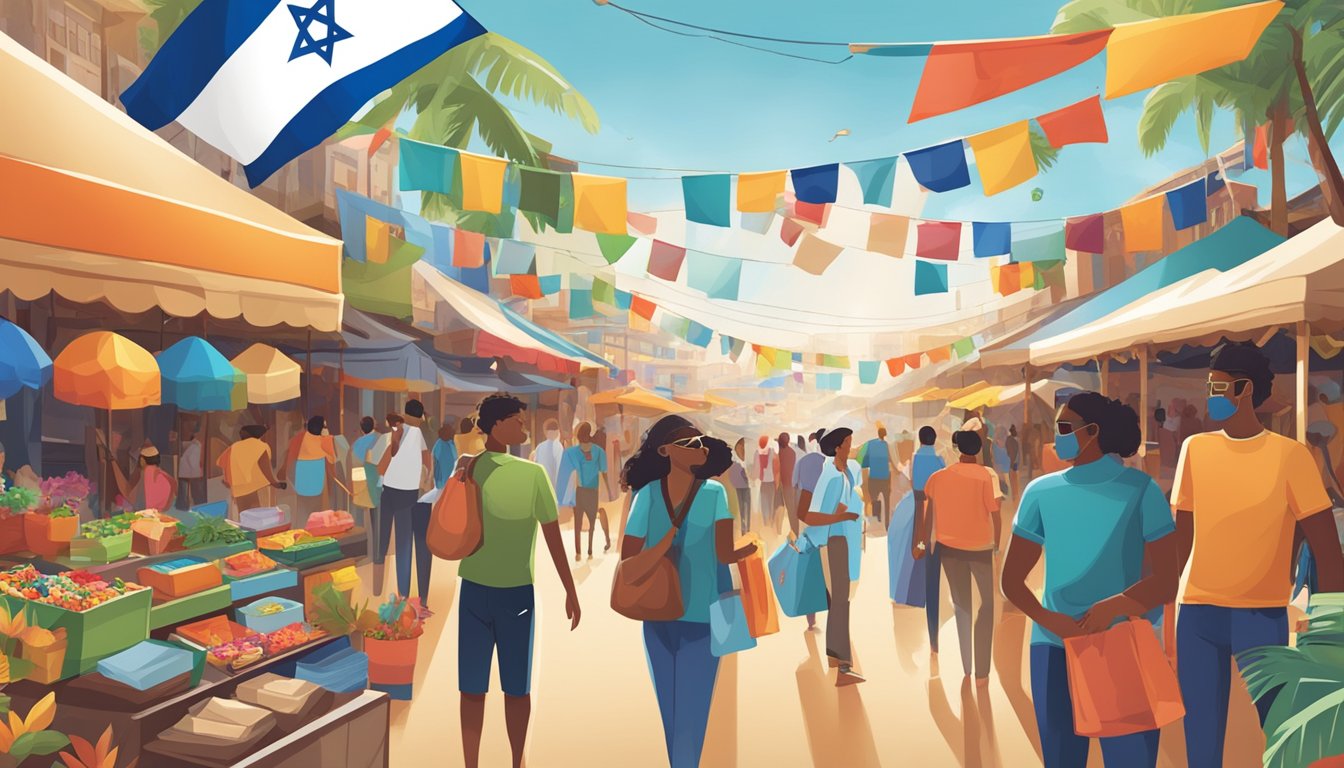 A vibrant marketplace with diverse cultural symbols and flags, including an Israeli flag, prominently displayed alongside Maui Jim sunglasses