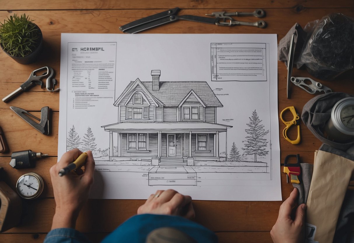 A person sketches blueprints for a tiny house in Ohio, surrounded by tools, materials, and a scenic countryside backdrop